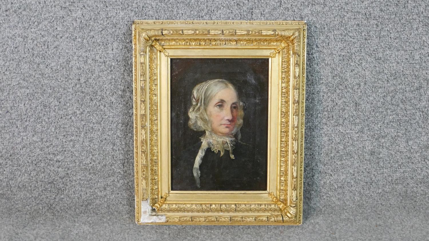 A carved giltwood framed oil on canvas portrait of an elderly lady in a lace collar. Unsigned. H. - Image 2 of 7