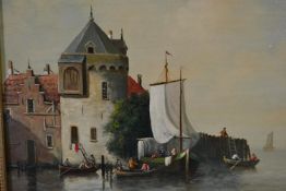 After Abraham Hulk (1813 - 1897), oil on board of Dutch seaside town with sailing boats, signed A.