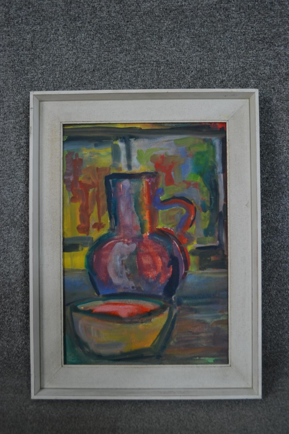 A framed watercolour of a colourful still life, unsigned. H.55 W.41cm - Image 2 of 3