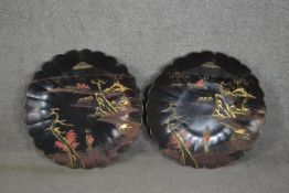 A near matching pair of very large 19th century Japanese fluted design lacquered and gilded