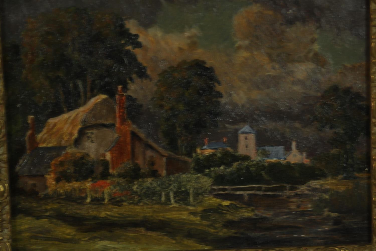 Four giltwood framed oil on boards, various subjects including a coastal scene, thatched cottages, - Image 6 of 12