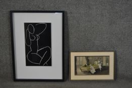 A framed and glazed print of Matisse's Nu Assis and a silk print of an interior scene. H.74 W.53cm