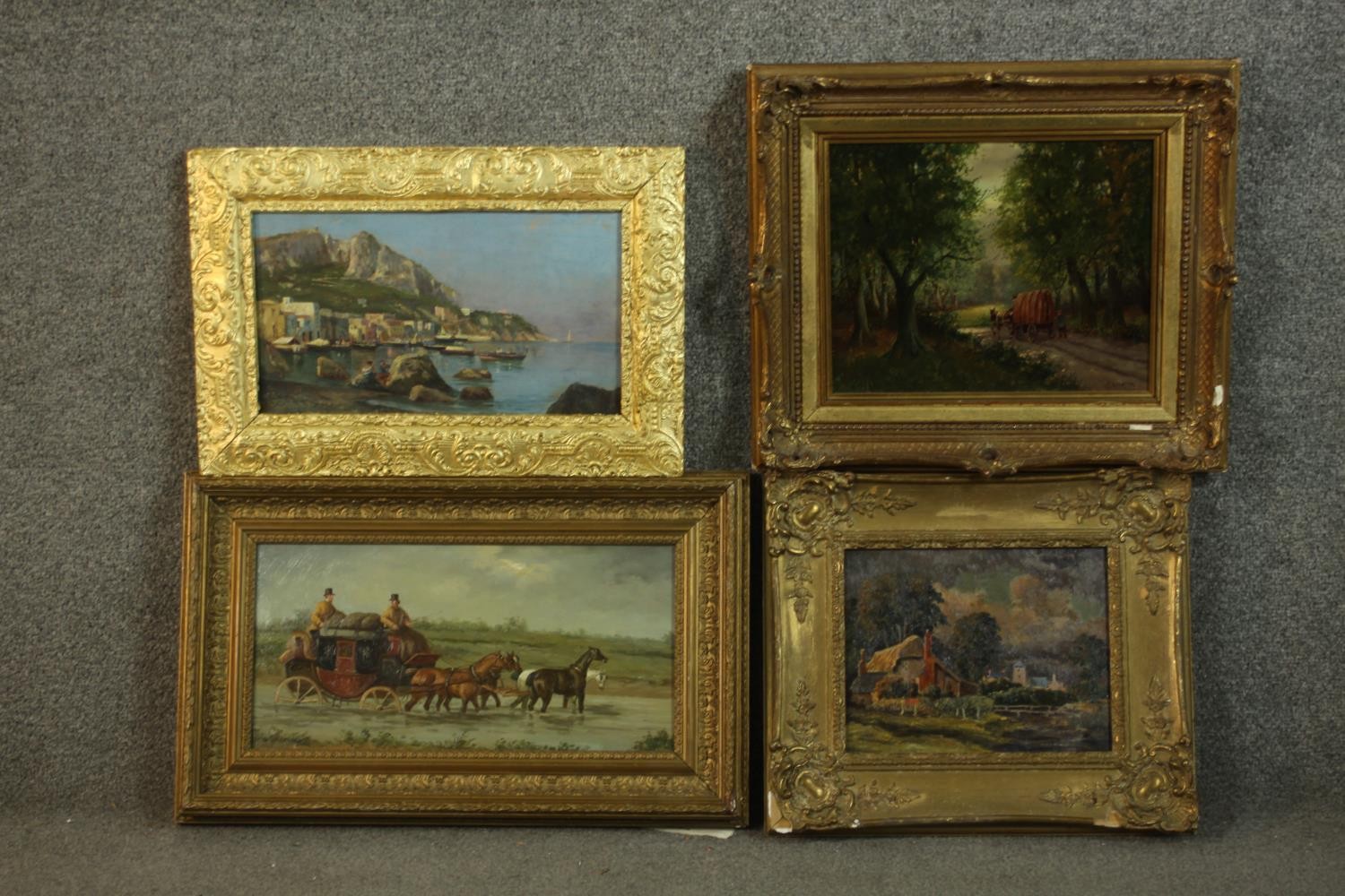 Four giltwood framed oil on boards, various subjects including a coastal scene, thatched cottages,
