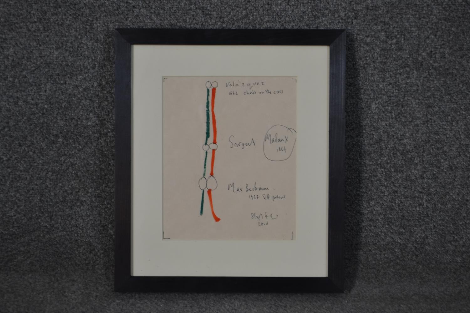 A framed and glazed pen and oil pastel drawing of a French metro line, indistinctly signed. H.34 W. - Image 2 of 4