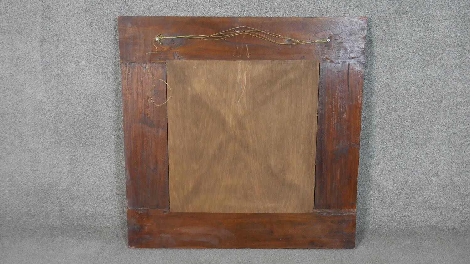 An Eastern teak square wall mirror, with a bevelled mirror plate in a rustic frame. H.80 W.80cm - Image 4 of 4