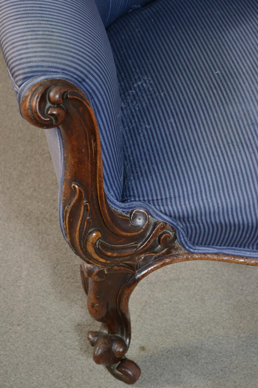 A circa 1830s mahogany tub armchair, upholstered in striped blue fabric, with a button back, the - Image 6 of 7