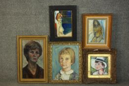 Five framed oil on canvas portraits and two nudes, various subjects, two indistinctly signed. H.54