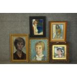 Five framed oil on canvas portraits and two nudes, various subjects, two indistinctly signed. H.54