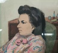 After Clifford Hall (1904 - 1973), oil on board, lady in an arm chair, signed. H.30 W.32cm