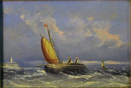 A gilt framed oil on board of two fisherman in a sailing boat, indistinctly signed. H.19 W.24cm