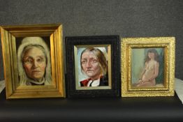 Three framed oil on board portraits, one of an old women, one of a woman in a cloak and a seated
