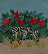 A framed acrylic on board of a zebra under red flowers, signed D. Abrams H.73 W.65cm