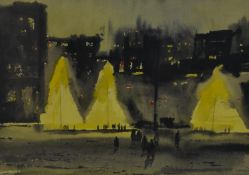 A framed and glazed watercolour of a Indian street at night, signed R. Chowdhury. H.80 W.99cm
