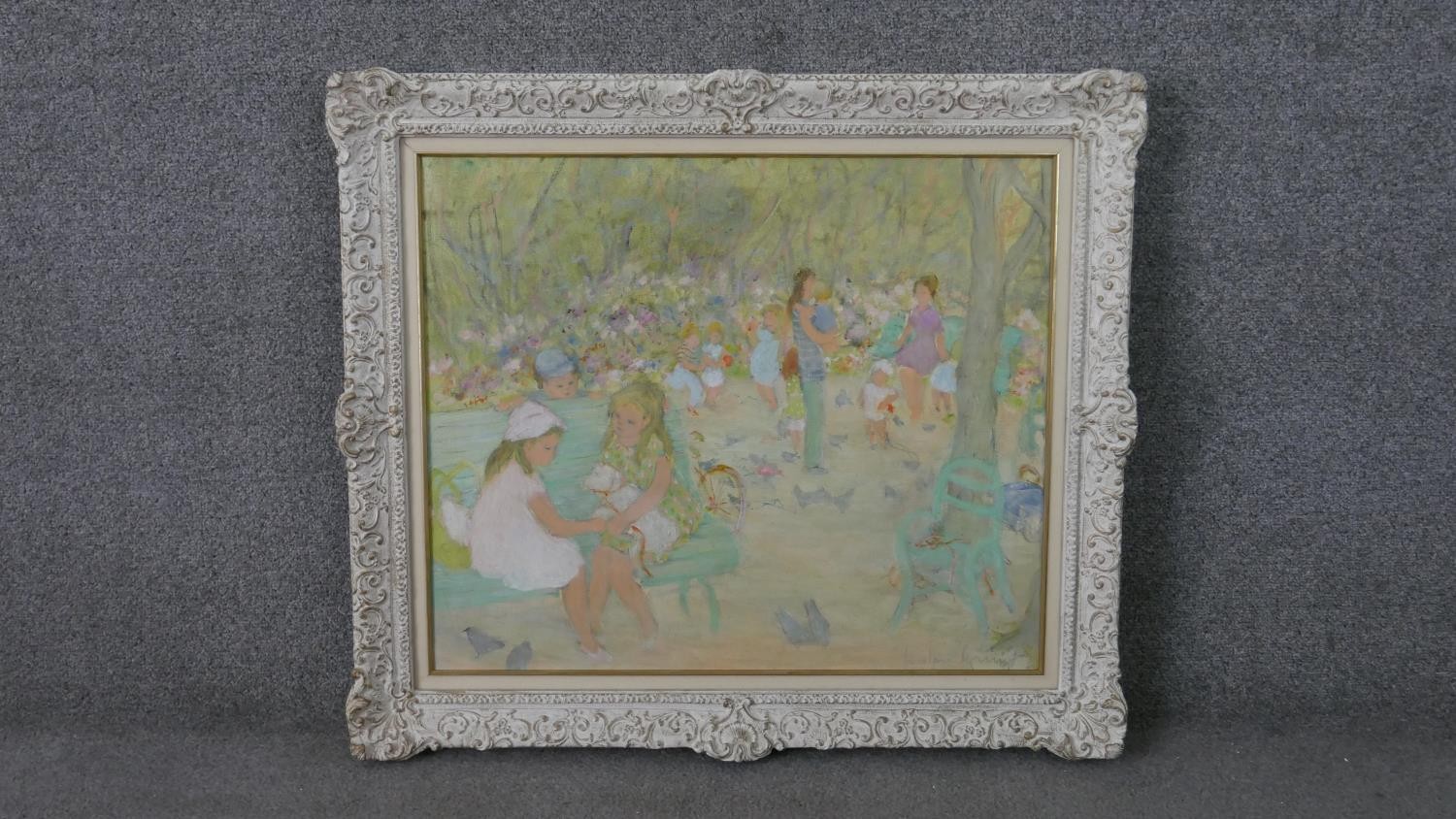 Jocelyne Seguin, French, (1917 - 1999), Oil on canvas, people in the park, signed bottom right and - Image 2 of 10