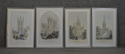 A set of four framed and glazed hand coloured engravings of various Cathedrals. H.67 W.45cm (