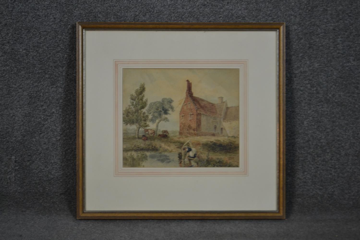 A framed and glazed Victorian watercolour of a brick farm house with a pond where the milk maid is - Image 2 of 5