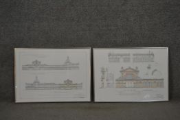 Two framed and glazed prints showing architectural elevation plans for Alexandra Palace, signed in