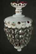 A Bohemian cranberry ceiling light with overlay white enamel and hand painted flowers, cut crystal