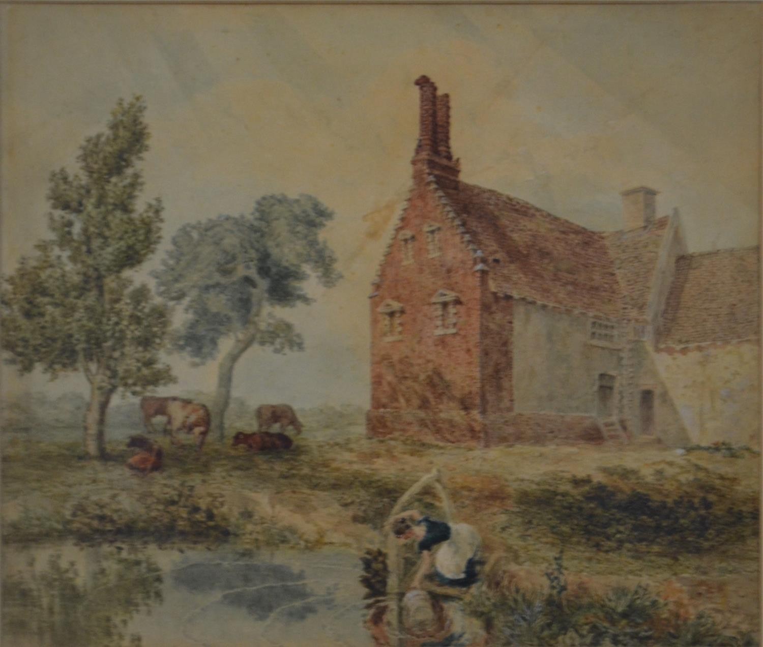 A framed and glazed Victorian watercolour of a brick farm house with a pond where the milk maid is