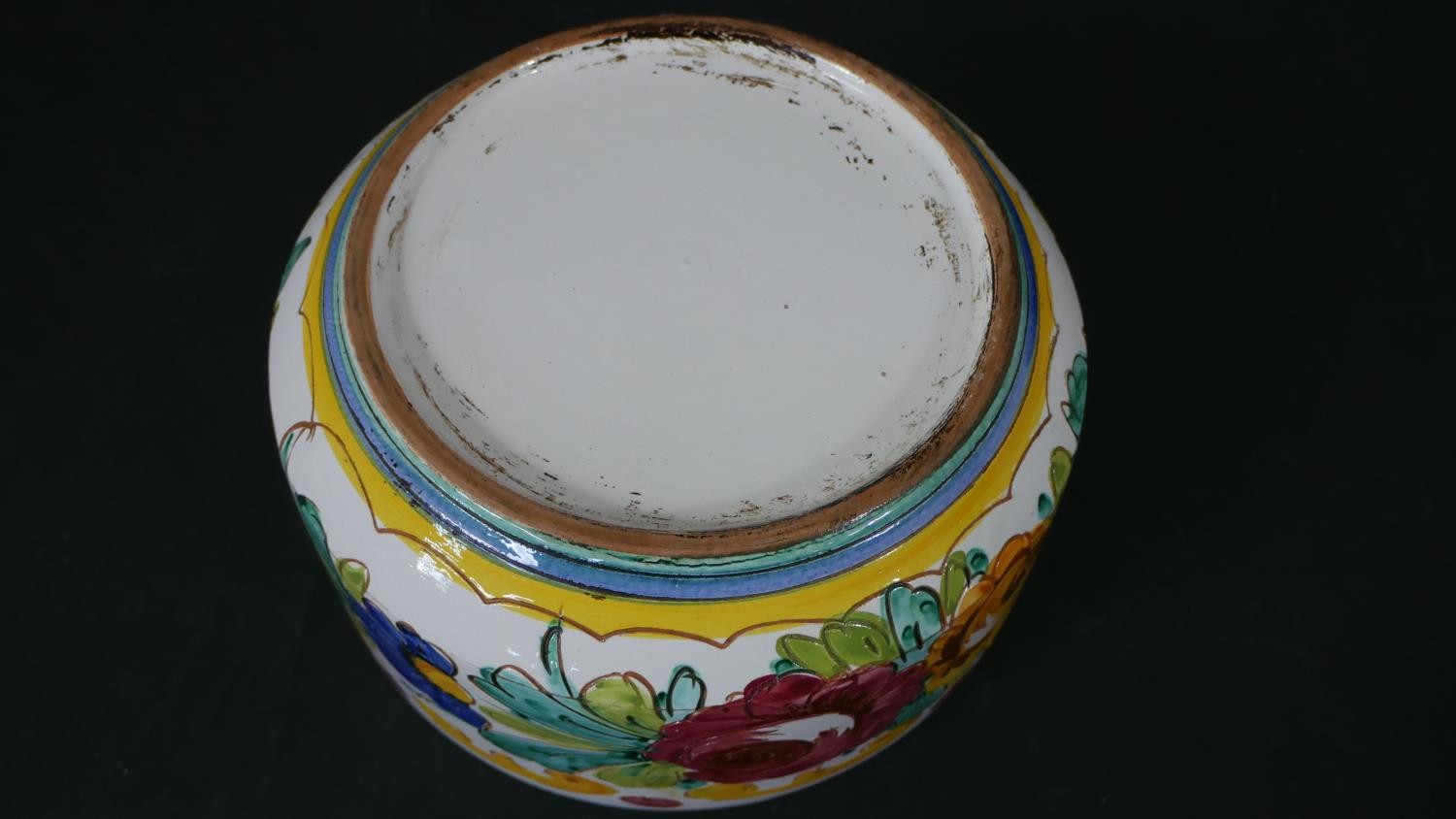 A large Portuguese hand painted ceramic rooster bowl along with a Majolica floral design bowl. D. - Image 6 of 6
