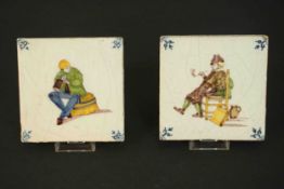 Two 19th century hand painted Delft tiles with figural design. H.13.5 W.13.5cm