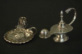 A Van Buren sterling silver table lighter in the form of an Aladdin's lamp with animal head finial