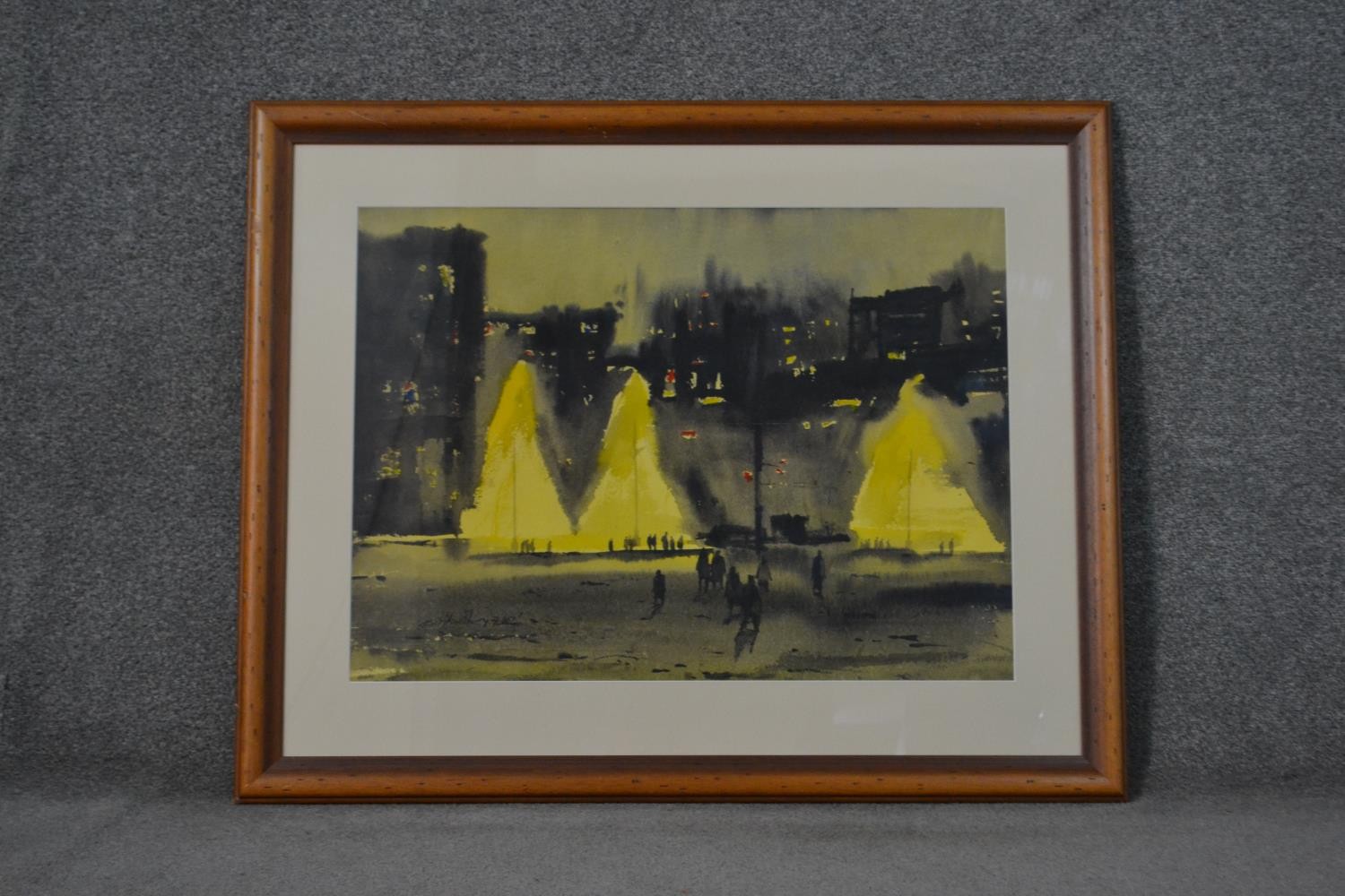 A framed and glazed watercolour of a Indian street at night, signed R. Chowdhury. H.80 W.99cm - Image 2 of 6