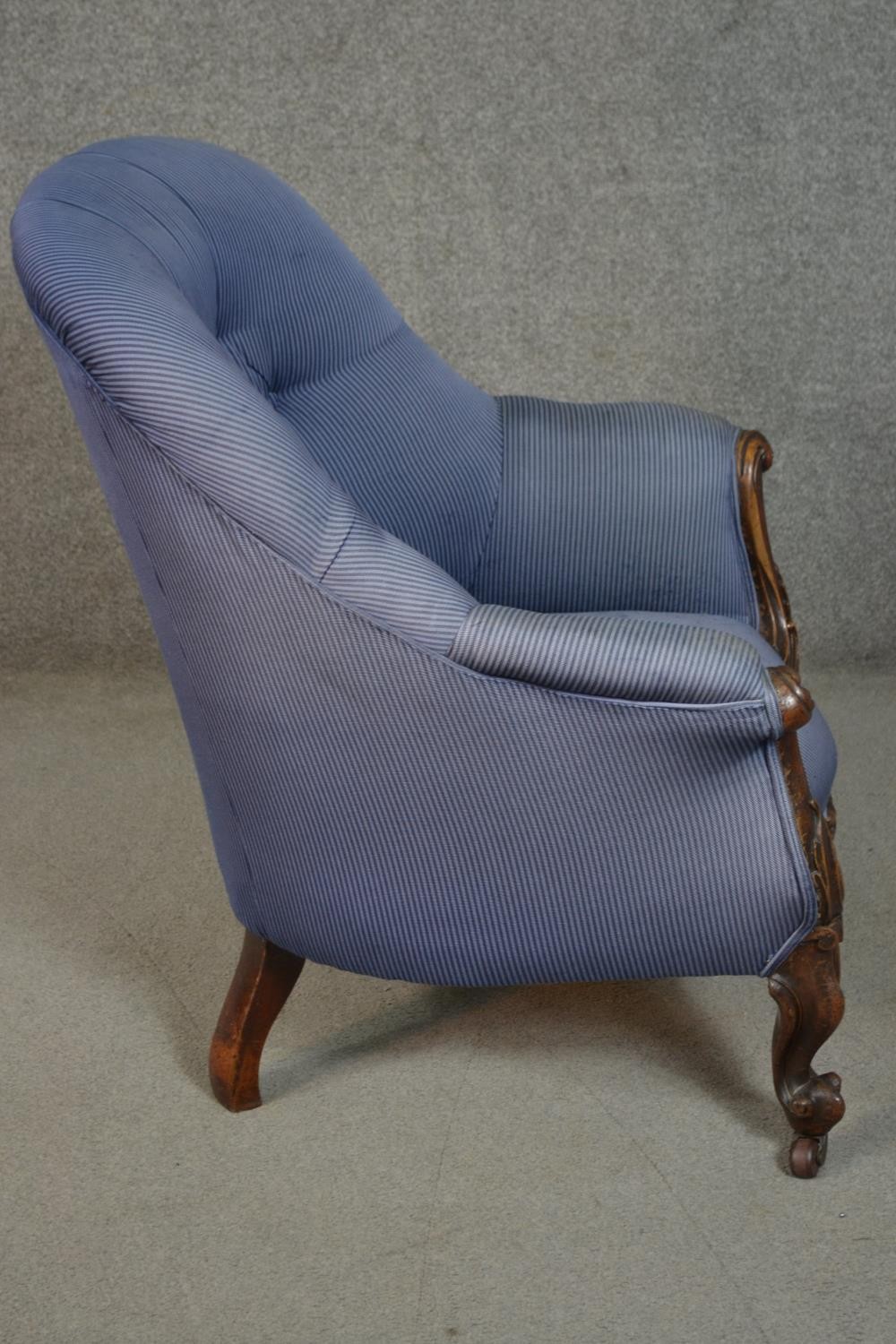 A circa 1830s mahogany tub armchair, upholstered in striped blue fabric, with a button back, the - Image 3 of 7