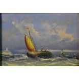A gilt framed oil on board of two fisherman in a sailing boat, indistinctly signed. H.19 W.24cm
