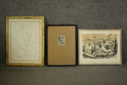 Helen Kapp, pen landscape drawing, signed along with a 19th century engraving of a cherub with a