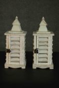 A pair of contemporary rustic white painted pine lanterns, with slatted sides. H.37 W.13 D.15cm.