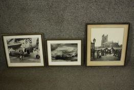 Three framed black and white photographs. A plane with pilot and two market scenes. H.34 W.30 (