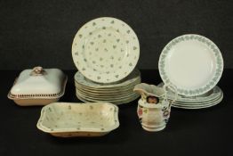 A collection of porcelain including, a set of five Wedgwood embossed queens ware plates with vine