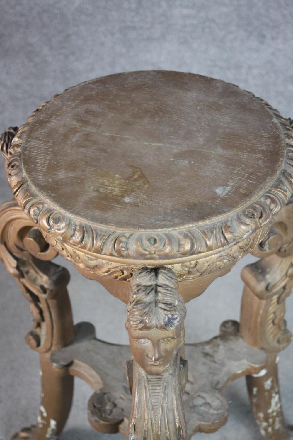 A late 19th century Italian carved wood jardiniere stand, with a circular top, on three ornately - Image 3 of 5