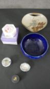 A collection of ceramics, including a Royal Doulton blue glaze bowl, a boxed Wedgwood trinket box, a