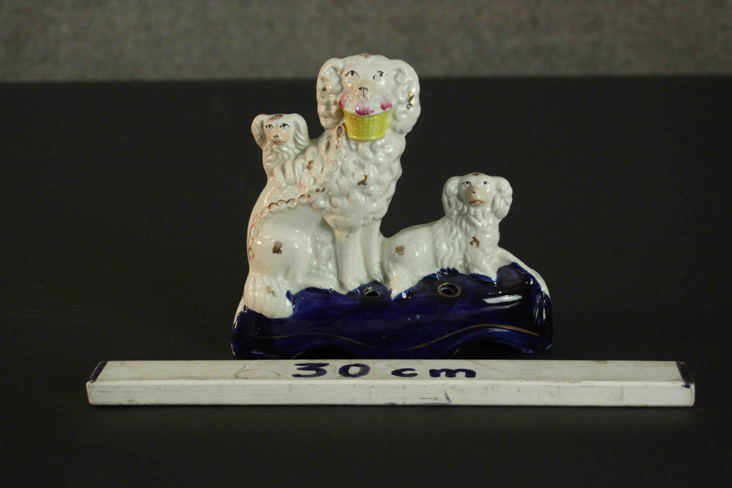 A Staffordshire flatback pottery pen or quill holder, in the form of three spaniels, on an oval - Image 2 of 6