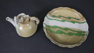 A Richard Champion Monkleigh pottery abstract design tray and tea pot, makers mark to the base. D.
