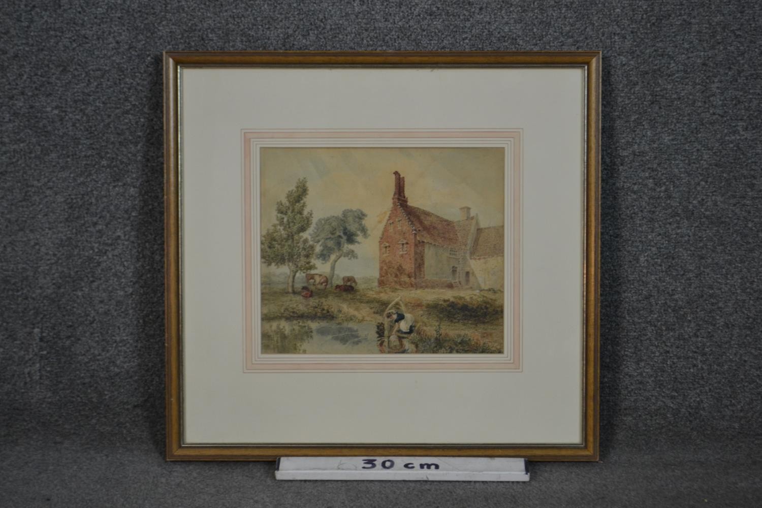 A framed and glazed Victorian watercolour of a brick farm house with a pond where the milk maid is - Image 3 of 5