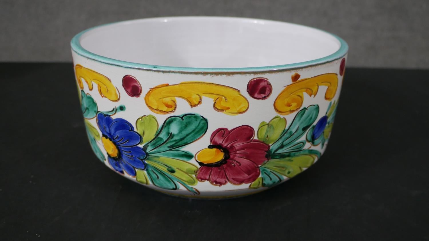 A large Portuguese hand painted ceramic rooster bowl along with a Majolica floral design bowl. D. - Image 5 of 6