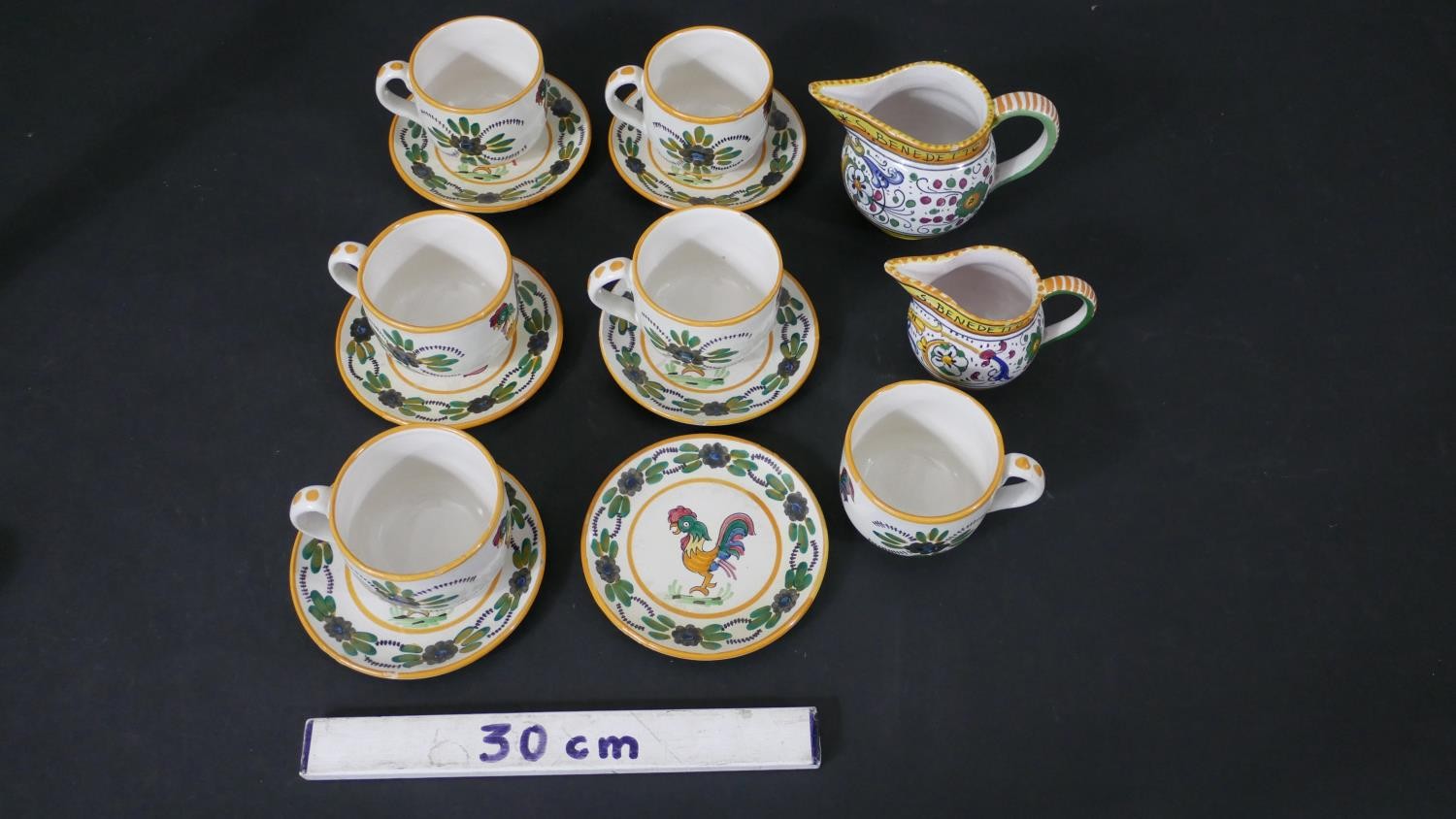 A V L Lisboa hand painted rooster pattern tea set for six people, makers mark to the base. H.12cm - Image 2 of 9