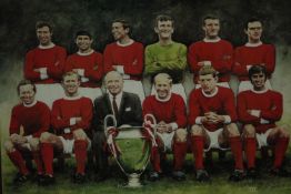 A framed and glazed Manchester United Champions of Europe 1968 team, signed print. Signed by each