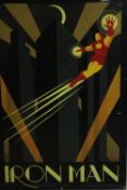 A framed and glazed Art Deco style Iron Man poster. H.100 W.71cm.