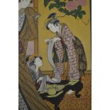 A framed Japanese early 20th century silk painting of three Geishas. H.119 W.91cm