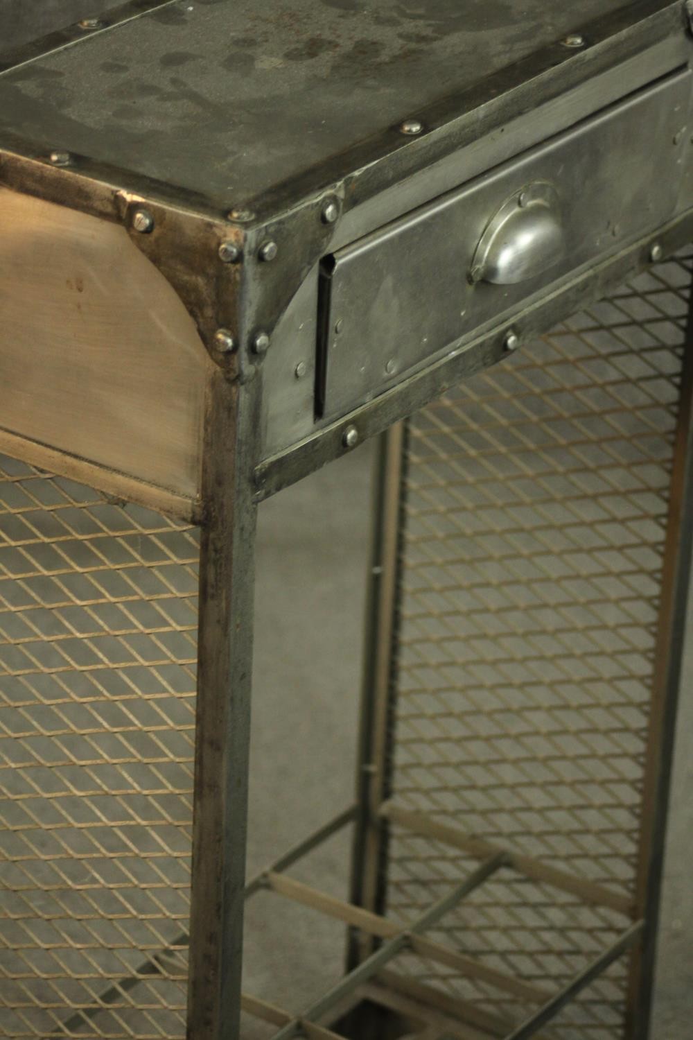 An industrial steel cabinet, with a single drawer over a divider, the sides with a lattice mesh, - Image 4 of 6