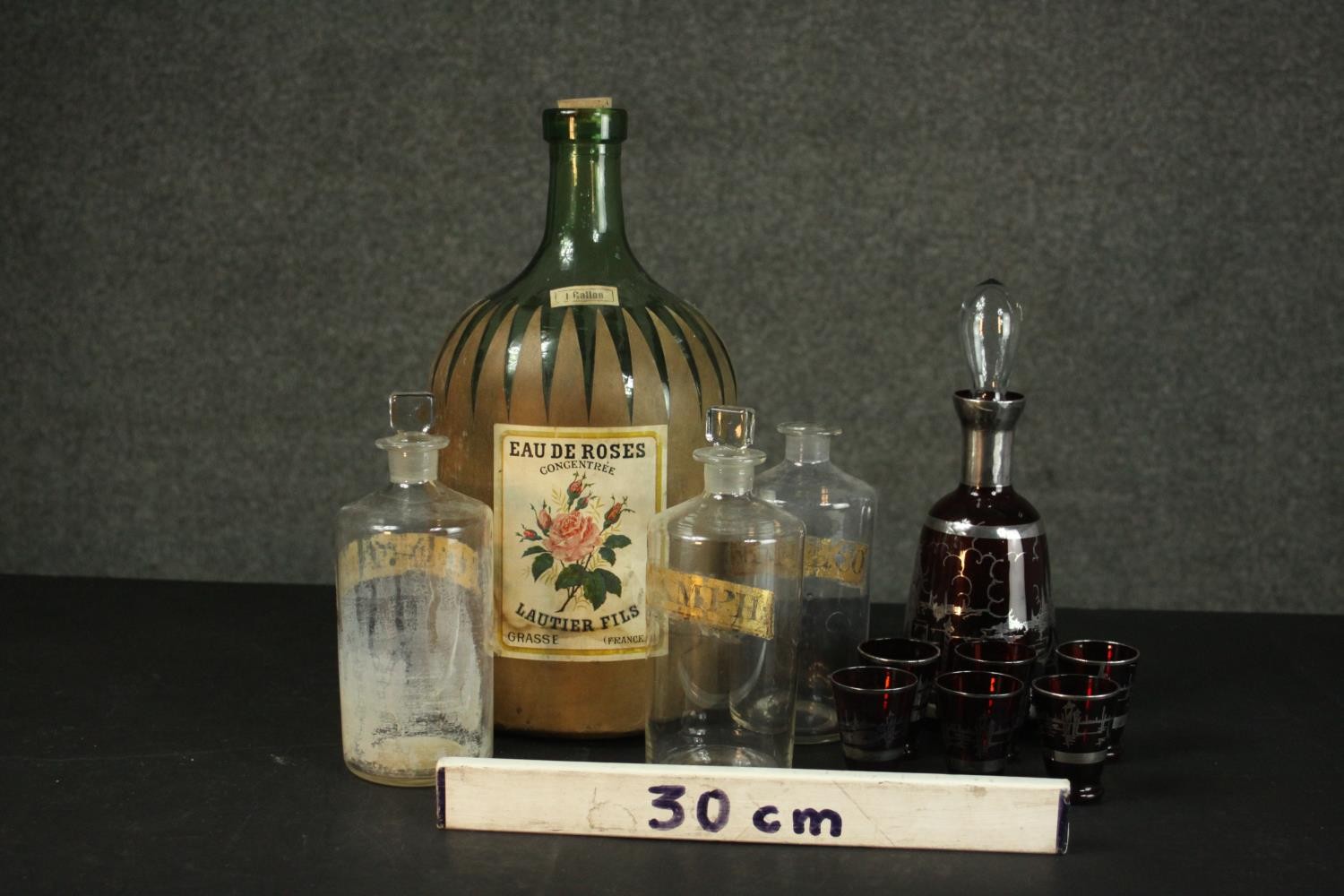 A collection of glass including a large rose water green glass demijohn, a Venetian silvered ruby - Image 2 of 7