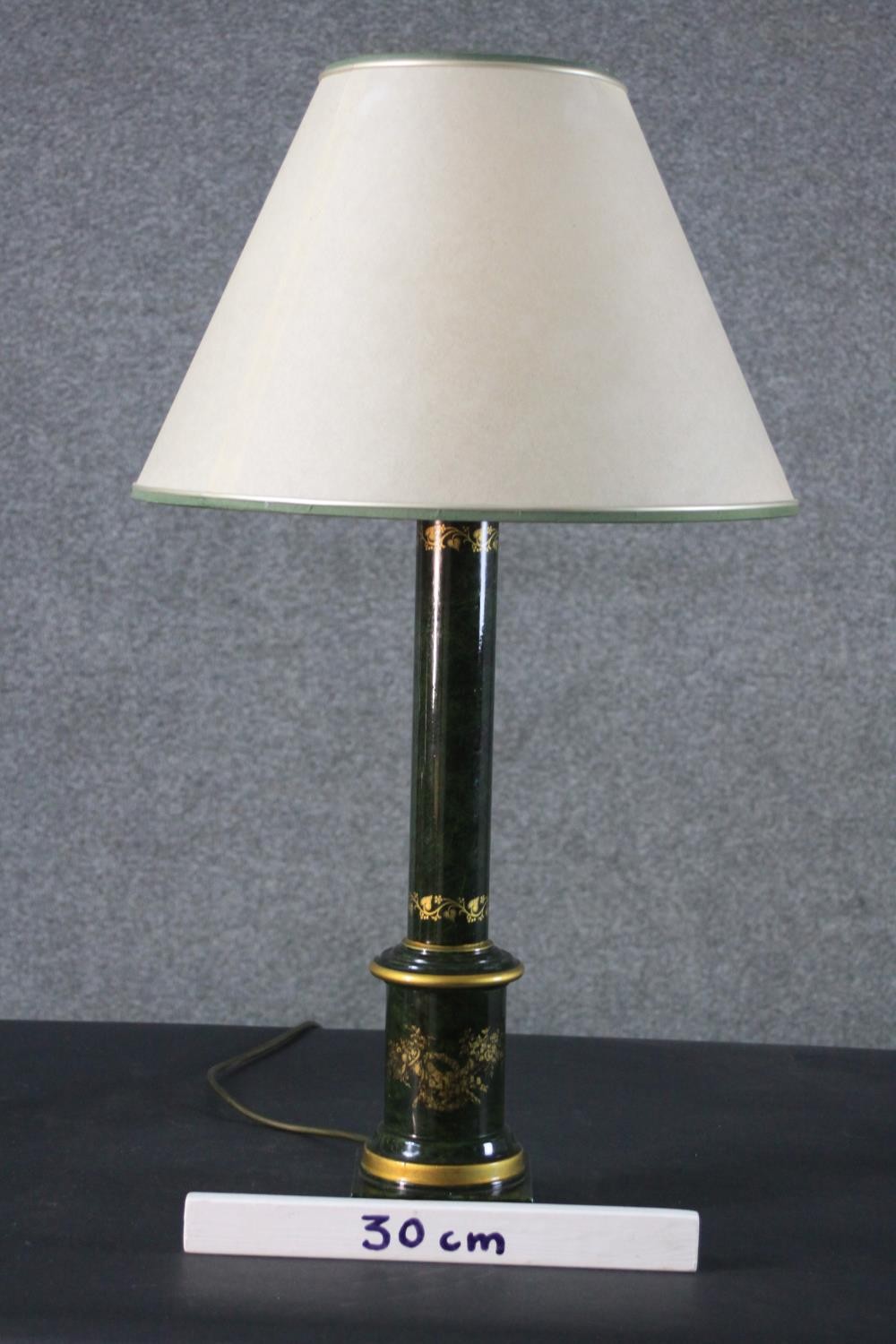 A green marble effect and parcel gilt tole ware table lamp, of column form, with a square base, - Image 2 of 3
