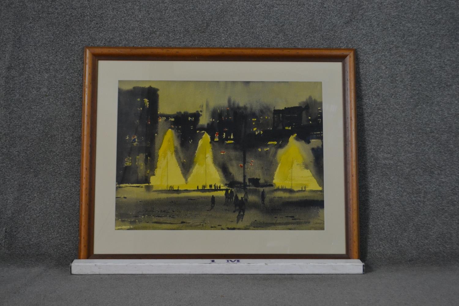 A framed and glazed watercolour of a Indian street at night, signed R. Chowdhury. H.80 W.99cm - Image 3 of 6