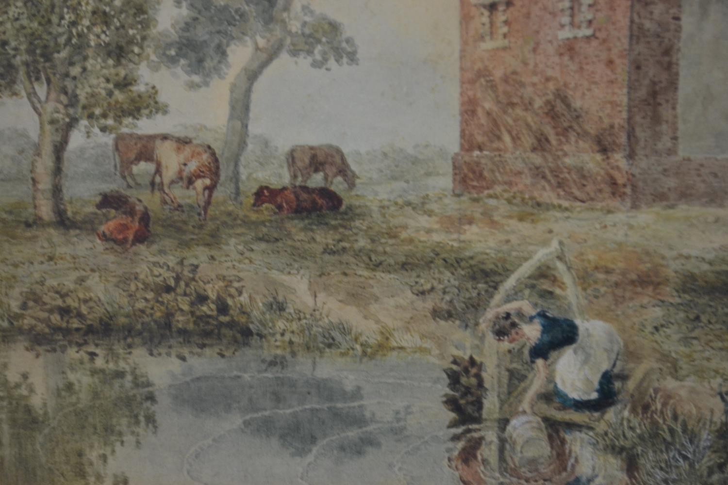 A framed and glazed Victorian watercolour of a brick farm house with a pond where the milk maid is - Image 4 of 5