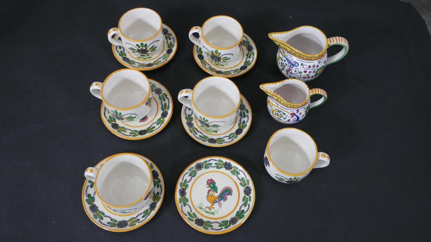A V L Lisboa hand painted rooster pattern tea set for six people, makers mark to the base. H.12cm