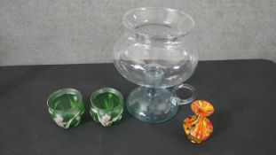 A collection of early 20th century glassware, including a pair of Art Nouveau Iris design green